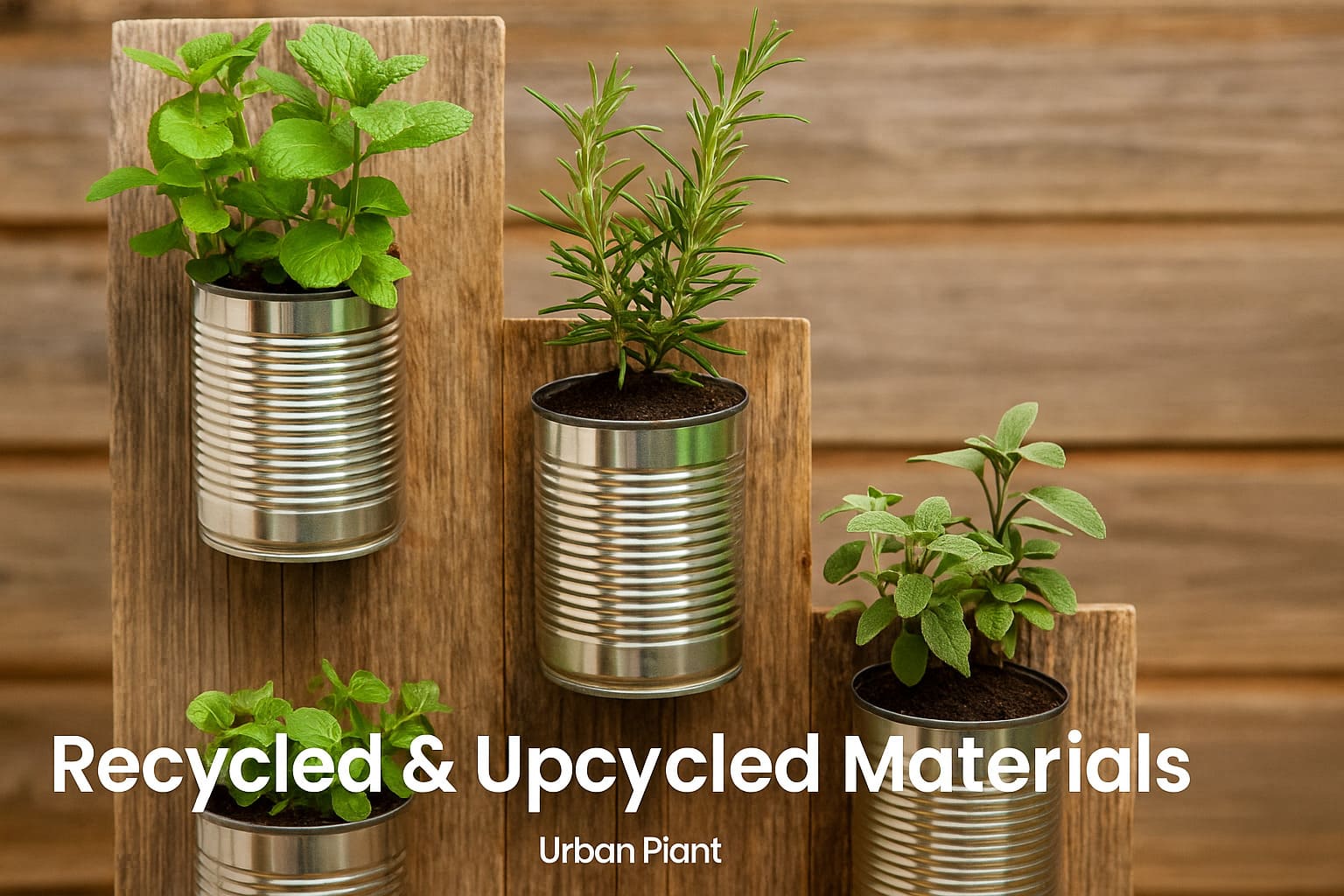 Recycled and upcycled vertical garden setup for hot gardening trends by Urban Plant using tin cans mounted on rustic wood, planted with rosemary, mint, and oregano for eco-friendly decor